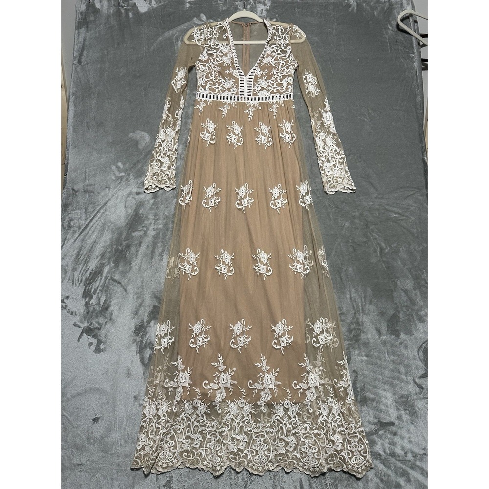 Forever 21 Sheer Lace Maxi Dress Boho Mesh Long Sleeve Womens Small Fairy Bride